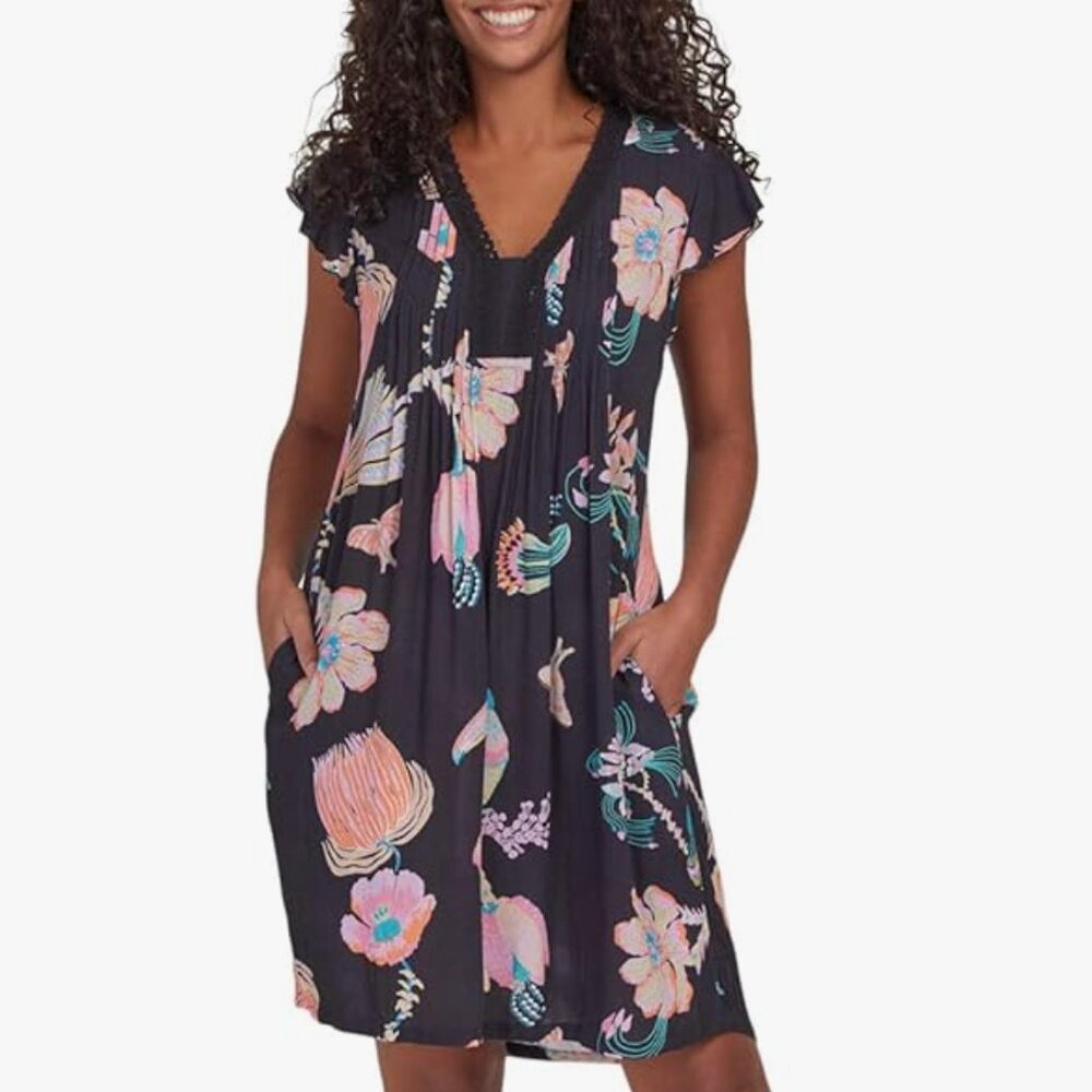 Tribal Femme Flutter Sleeve Floral Toucan Dress